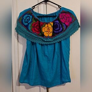 Embroidered Floral Off-Shoulder Top - Blue
